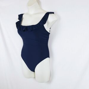 J.Crew One-Piece Swimsuit Womens 12 Navy Blue Ruffles Open Back Preppy Resort